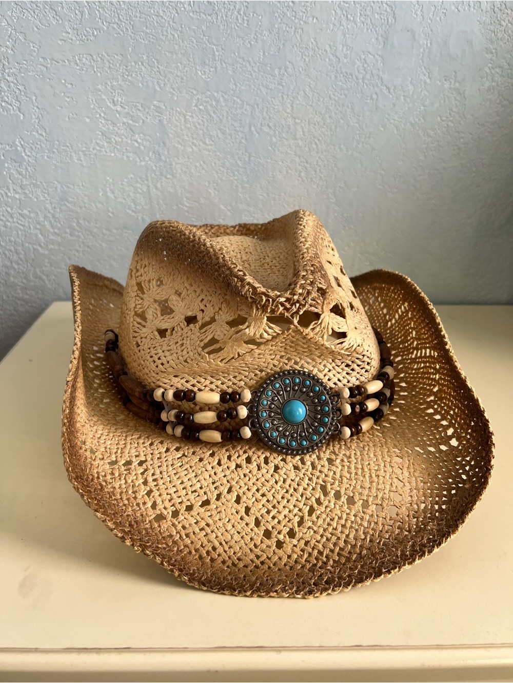 Livingston Straw Cowboy Hat Turquoise Concho Beaded Western Boho Cowgirl